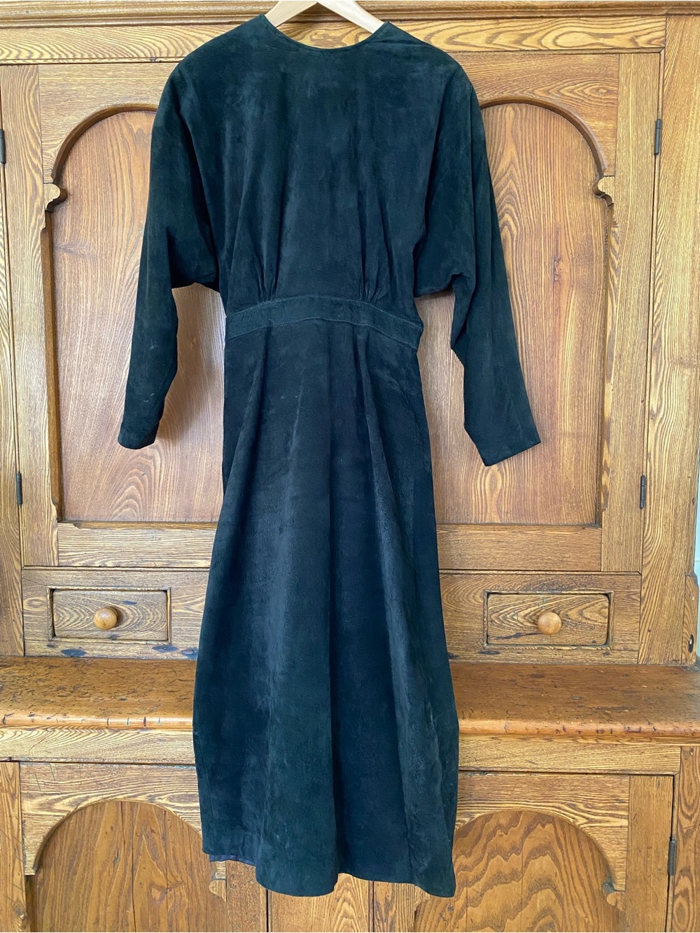 Vintage Brass Plum Nordstrom M S black suede leather pencil dress 80s midi